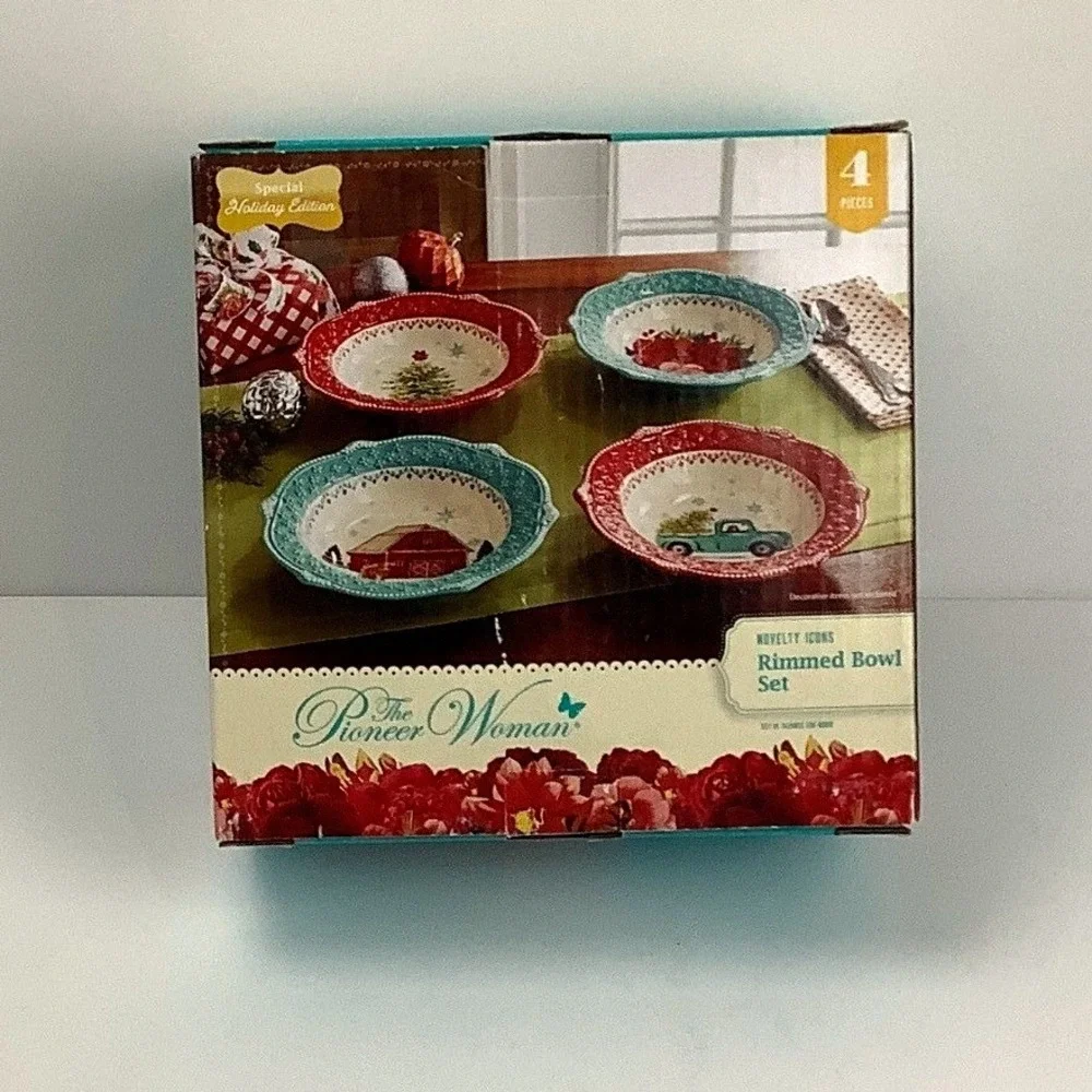 The Pioneer Woman Jolly Icons 4-Piece Rimmed Bowl Set Holiday Edition 9.25in